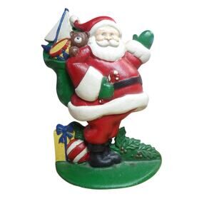 Vintage Cast Iron Hand Painted Santa with Toys Door Stop
